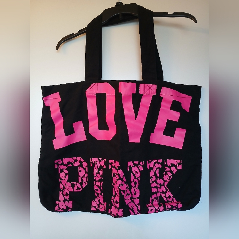 Victoria's Secret PINK Logo Canvas Tote Bag Black Hot Pink Leopard